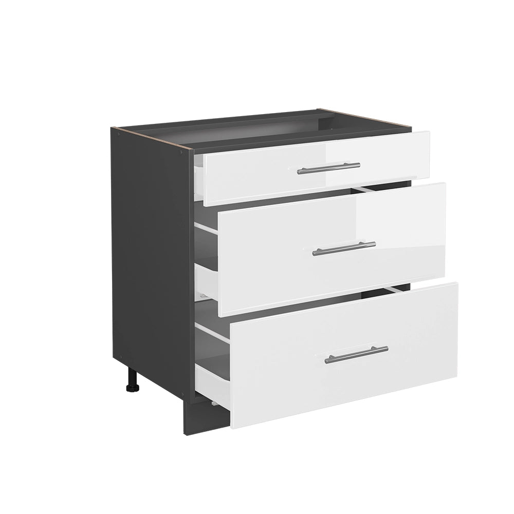 Mobiletto base per cucina Fame-Line Bianco lucido/Antracite 80 cm con 3 cassetti, senza piano di lavoro Vicco