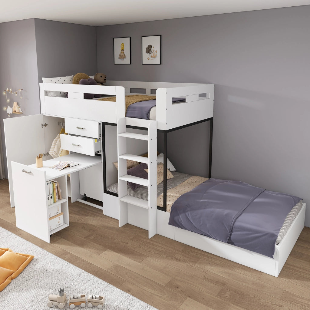 Letto a castello con scrivania estraibile e guardaroba in MDF 90x200 cm