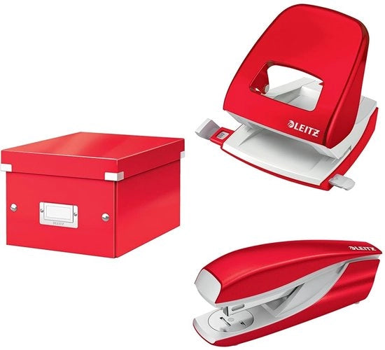 Set di archiviazione Click & Store con coperchio, piccolo, con perforatrice e macchina per bucature per 30 fogli, scatola per documenti fino A5 in ufficio e a casa, serie WOW, rosso, 60430026 + 50081026 + 55021026