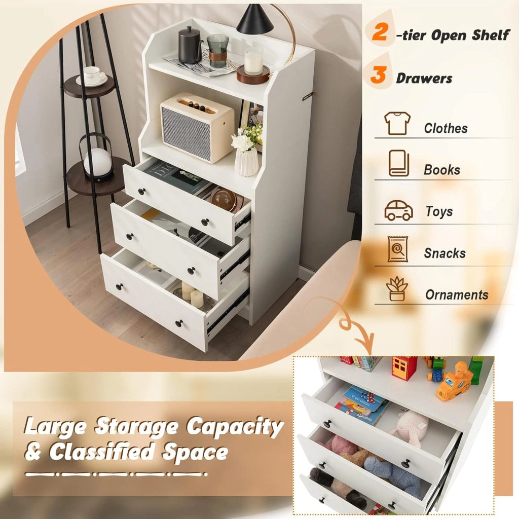 Cassettiera Moderna con 2 Ripiani Aperti e 3 Cassetti Estraibili, Comodino Alto con Dispositivo Anti-ribaltamento per Camera da Letto Soggiorno Ingresso, 58 x 36 x 111 cm, Bianco/Nero/Noce