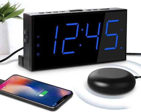 Alarme da Sveglia con Vibrazione del Letto - Alarme da Sveglia per Sonnambuli e Sordi - Doppio Alarme - Display Grande - Ricarica USB - Dimmer - Modalità Sospensione