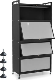 Mobiletto da Cucina a 5 Ripiani su Ruote, Armadio da Cucina con Ante a Ribalta e 4 Ruote Universali, Supporto per Microonde con Kit Anti-Ribaltamento, 80,5x40x162 cm (Nero)