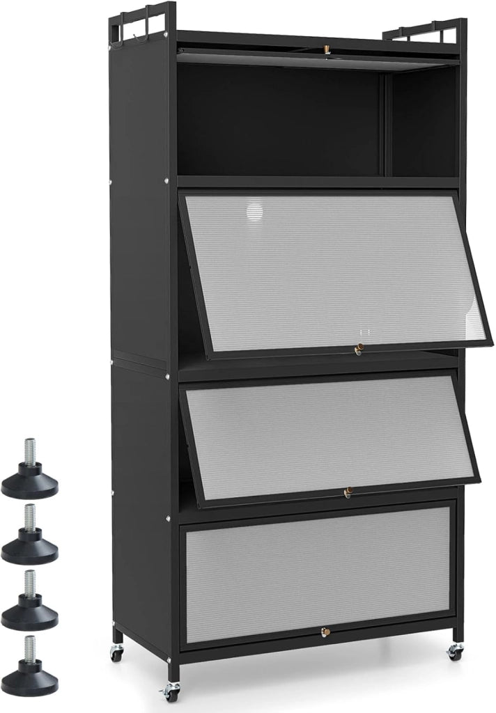 Mobiletto da Cucina a 5 Ripiani su Ruote, Armadio da Cucina con Ante a Ribalta e 4 Ruote Universali, Supporto per Microonde con Kit Anti-Ribaltamento, 80,5x40x162 cm (Nero)