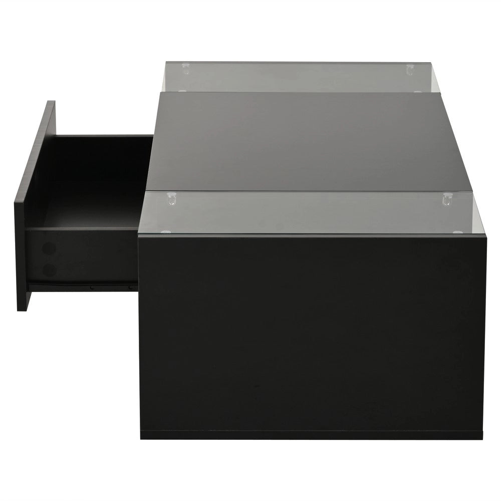 Tavolino da Caff¨¨ con LED e Cassetto ¨C MINIMAL ¨C Vetro Temperato Nero Lucido 100x50x31