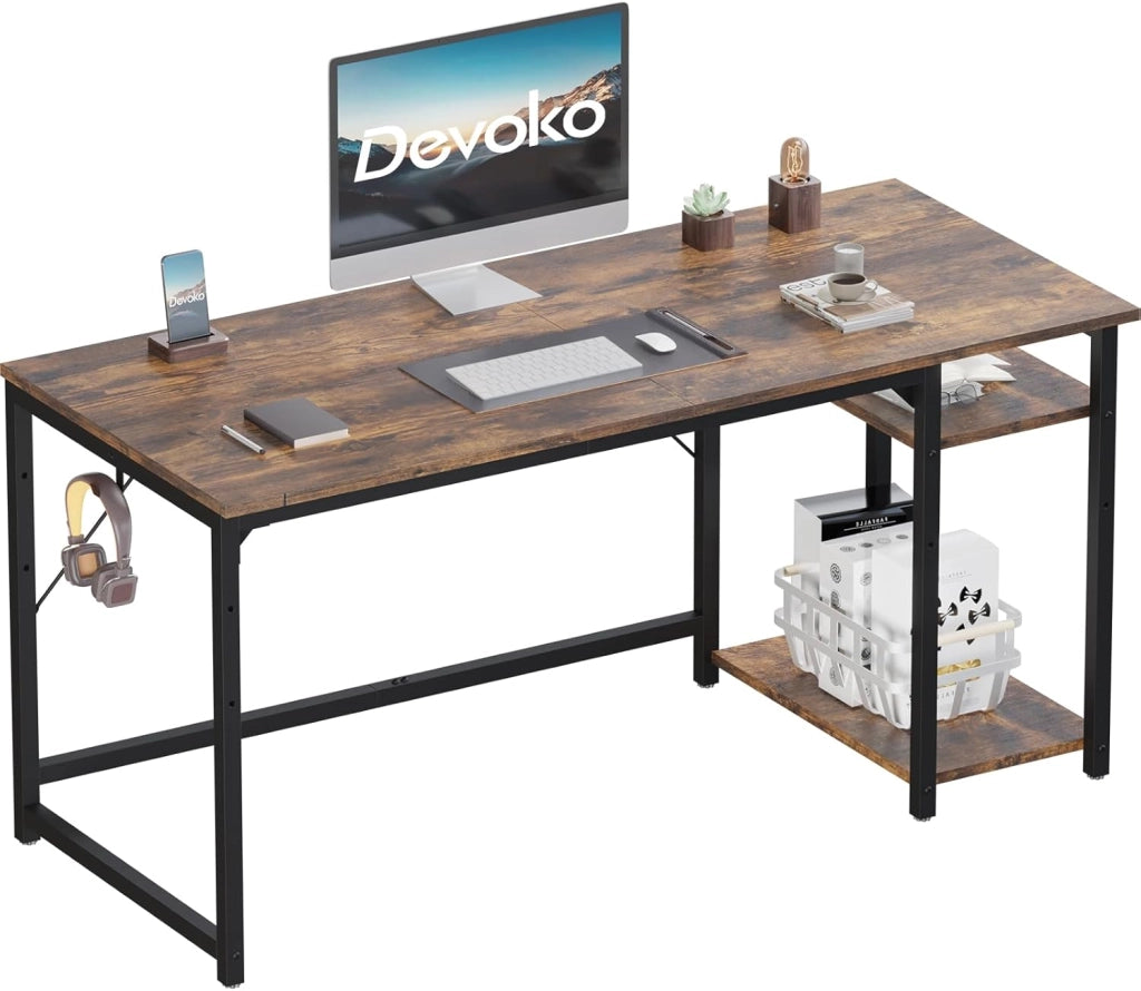 Scrivania Per Computer Industriale 120 x 50 cm, 2 Ripiani Regolabili Sinistra/Destra in Acciaio, Tavolo da Lavoro Mobile per Ufficio Casa Stile Vintage Marrone & Nero