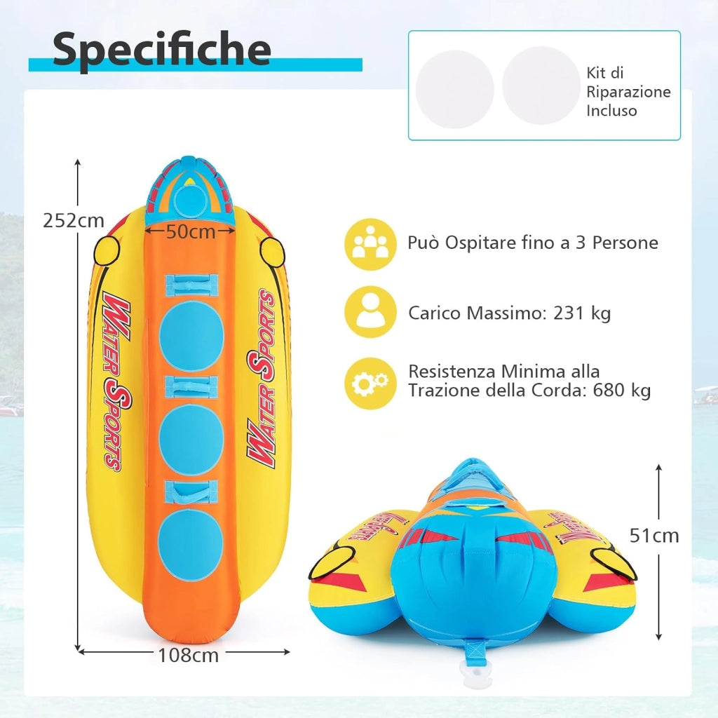 Gommone a Banana Gonfiabile per 3 Persone, Tubo Trainabile per Sport Acquatici e Nautici, Gommone a Banana da Recreazione Acquatica, Carico Massimo 231 kg