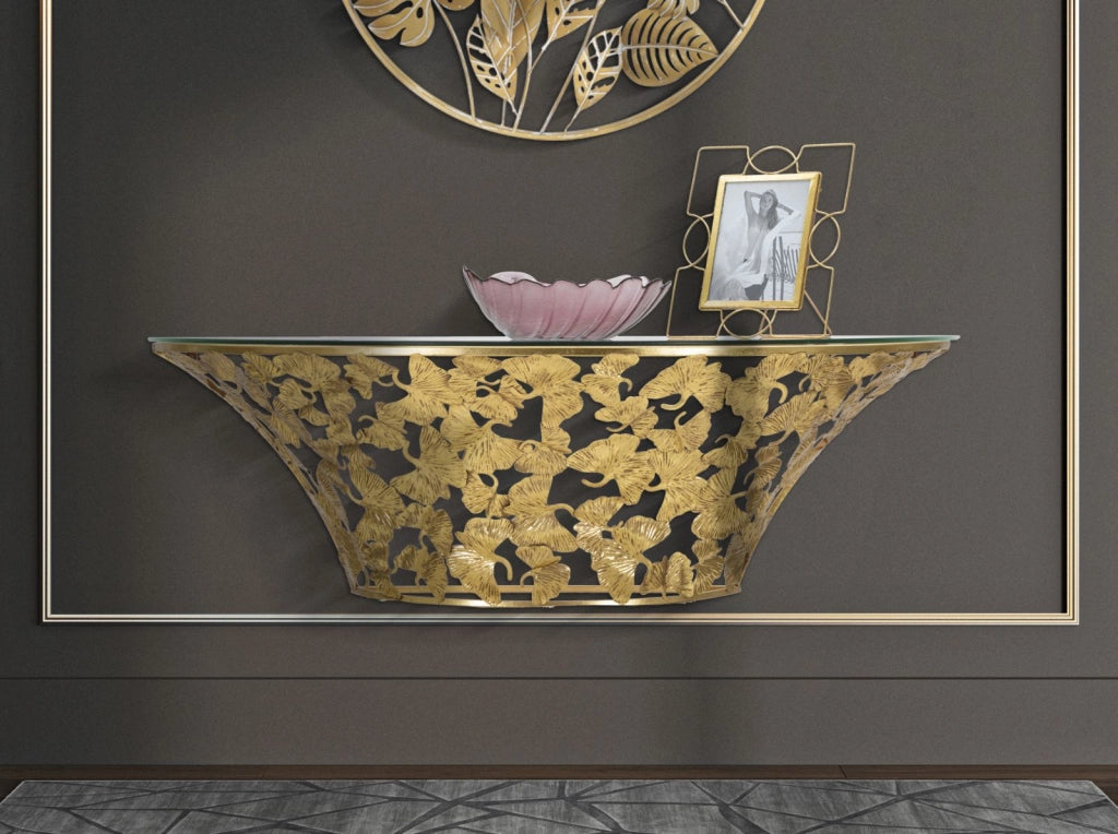 Consolle da parete stondata, piano in vetro e decori foglie 120x40.5x37.5cm Flower