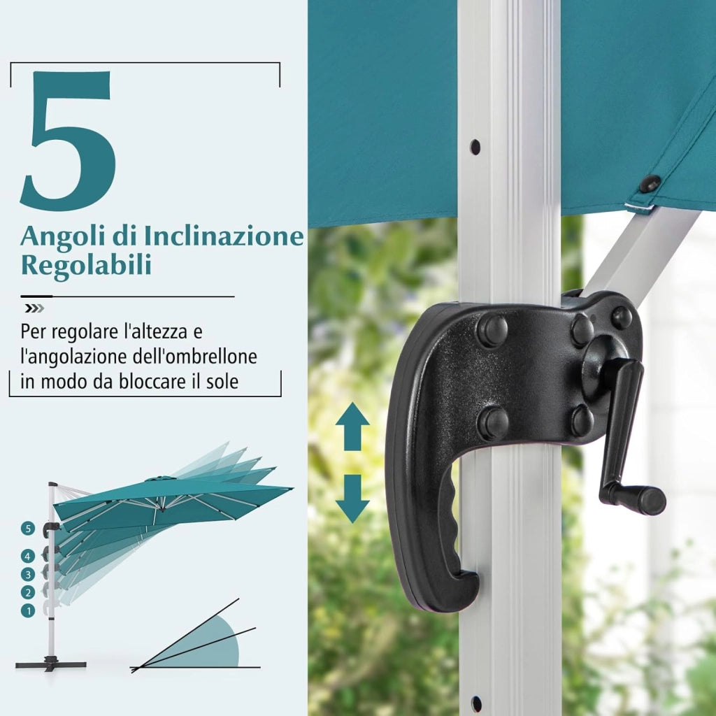 Ombrellone da Giardino 300 cm, Ombrellone Quadrato da Esterno con Rotazione a 360°, Inclinazione Regolabile, Base a Croce, 8 Stecche (Blu)