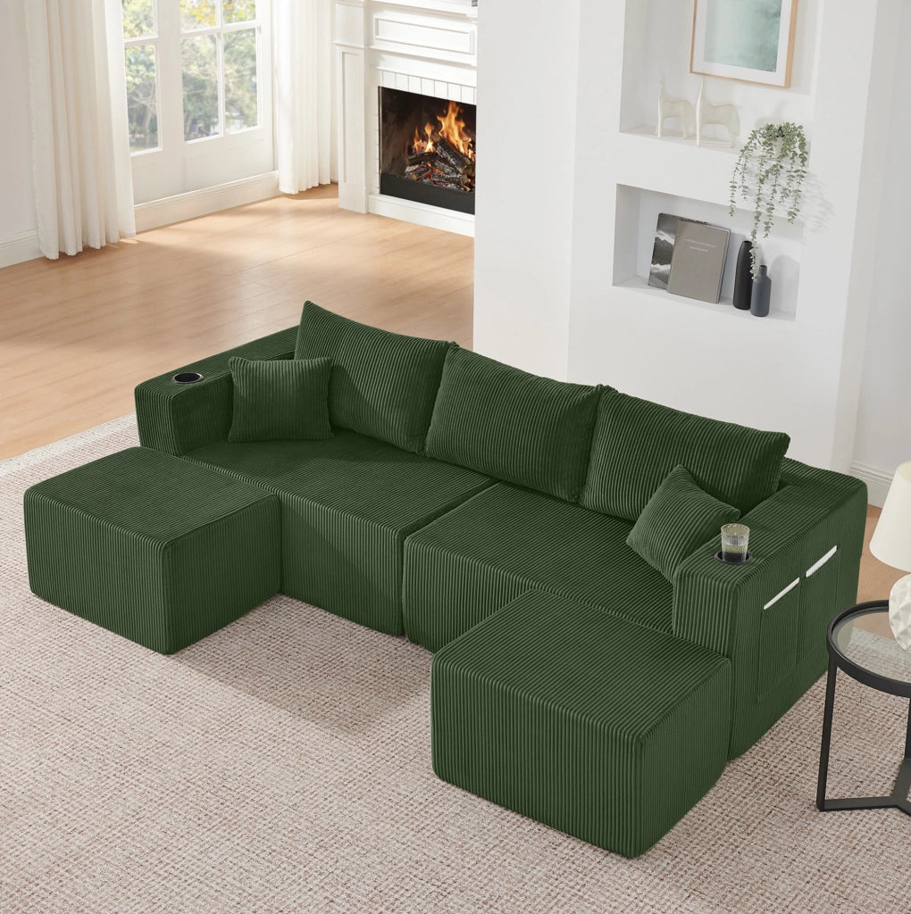 Divano angolare modulare verde 3 posti in schiuma con pouf mobili