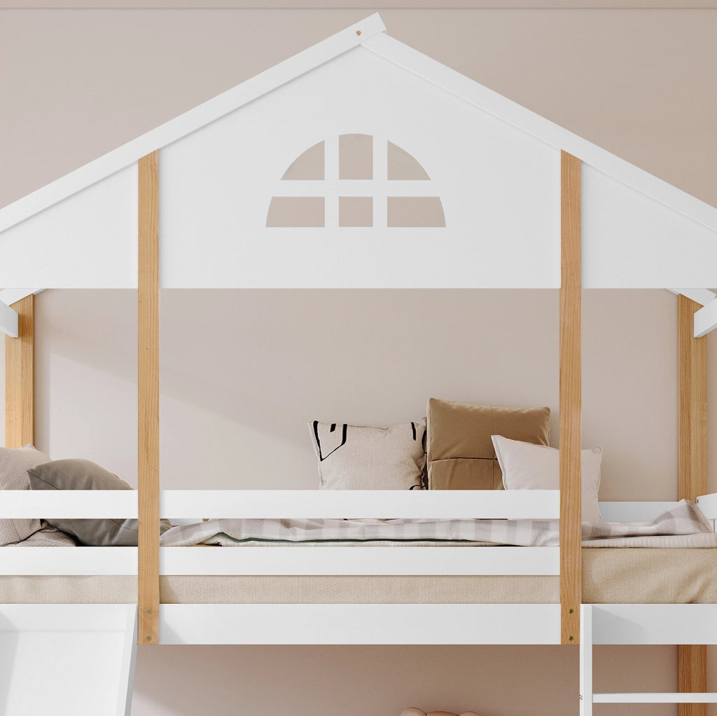 Letto a castello 90x200 cm con scivolo e scala in legno di pino e MDF bianco