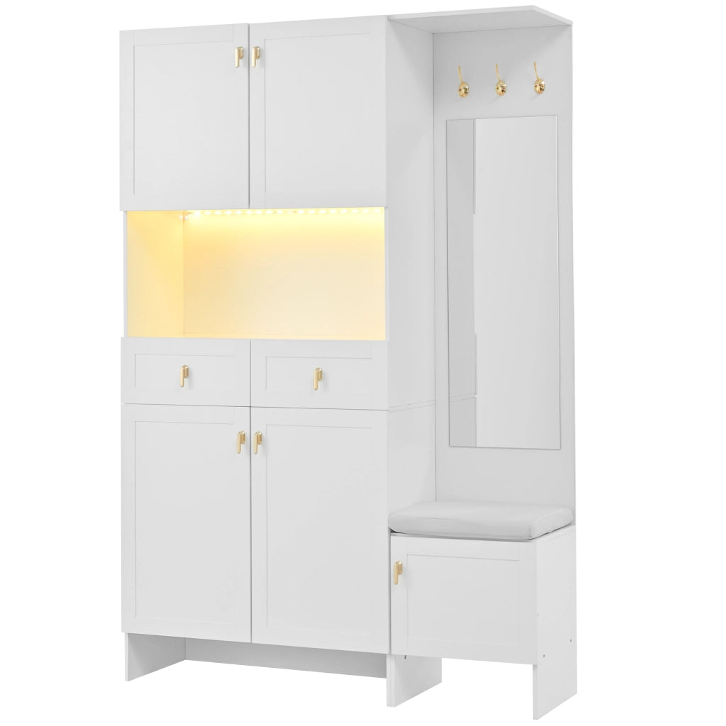 Mobile da ingresso con specchio, 2 cassetti, 3 ganci, 5 ante e LED, in truciolare, bianco, 120 × 33,5 × 180 cm