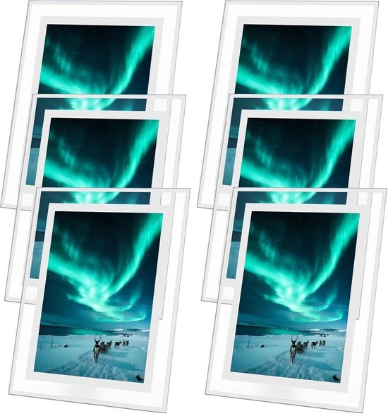 Set di Supporti per Foto in Vetro da 6 pezzi - Dimensioni 18x23 cm - Adatto per Foto da 12,7x17,8 cm - Visualizzazione Orizzontale - Bordo Argento - Supporto per Foto