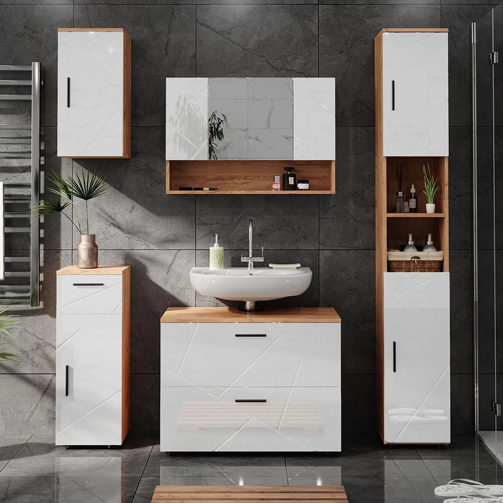 Mobiletto bagno Irma, Bianco lucido/oro power oak, 30 x 81 cm, per la conservazione in bagno, abbinabile alla serie Irma