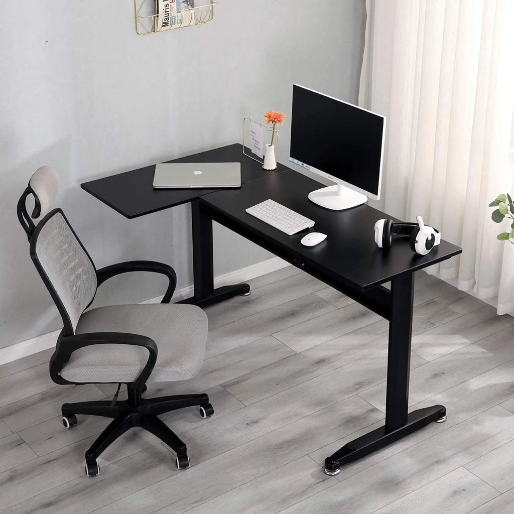Scrivania Acua, Scrittoio angolare, Scrivania ufficio multiuso, Tavolo da lavoro salvaspazio, 80x140h75 cm, Nero