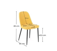 E-STYLO Sedia da pranzo in tessuto giallo e gambe in metallo nero, imbottita, 55cm X 46cm H. 85cm.