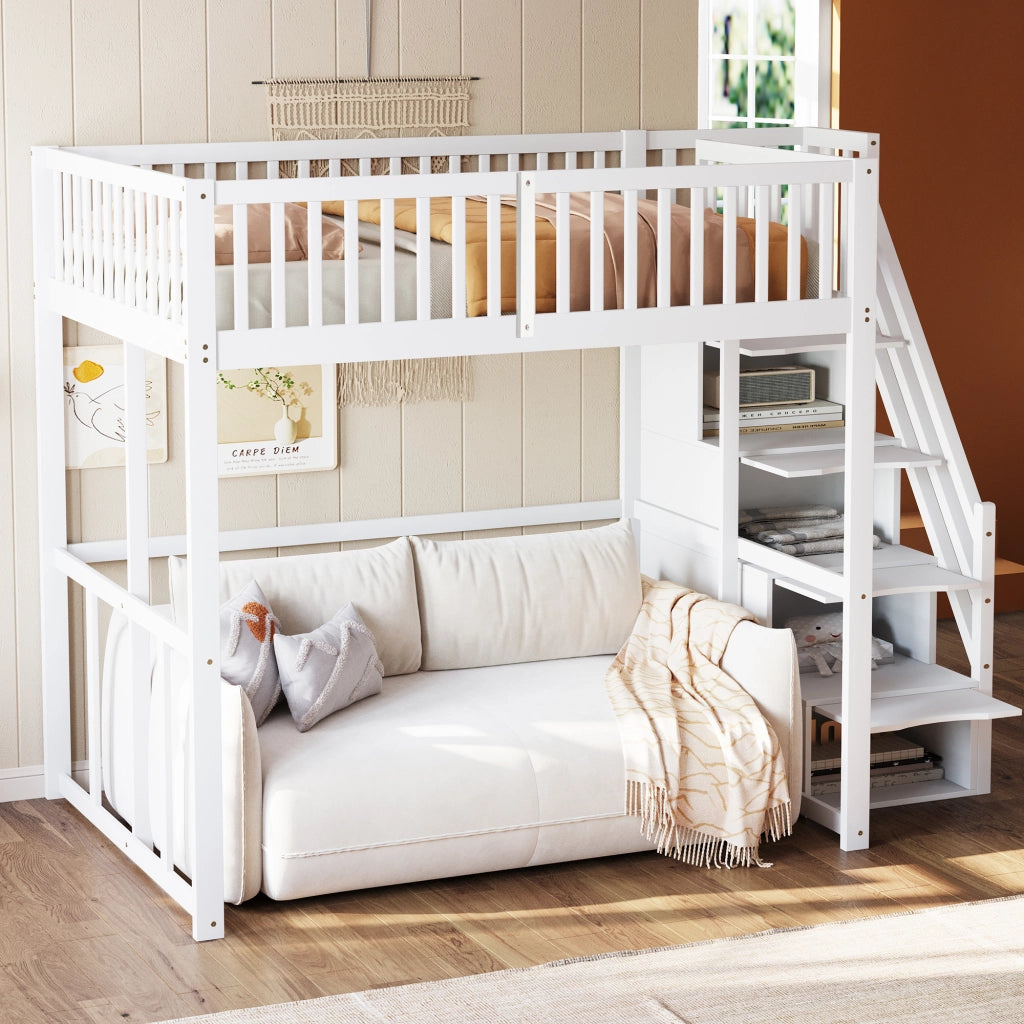 Letto a castello bianco in legno di pino con funzione contenitore 140x200 cm