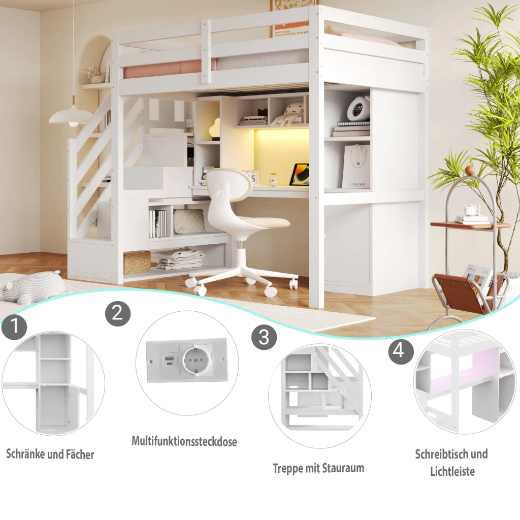 Letto a soppalco 90 × 200 cm con scrivania, scale contenitore, ripiani, LED e prese europee, senza materasso, bianco