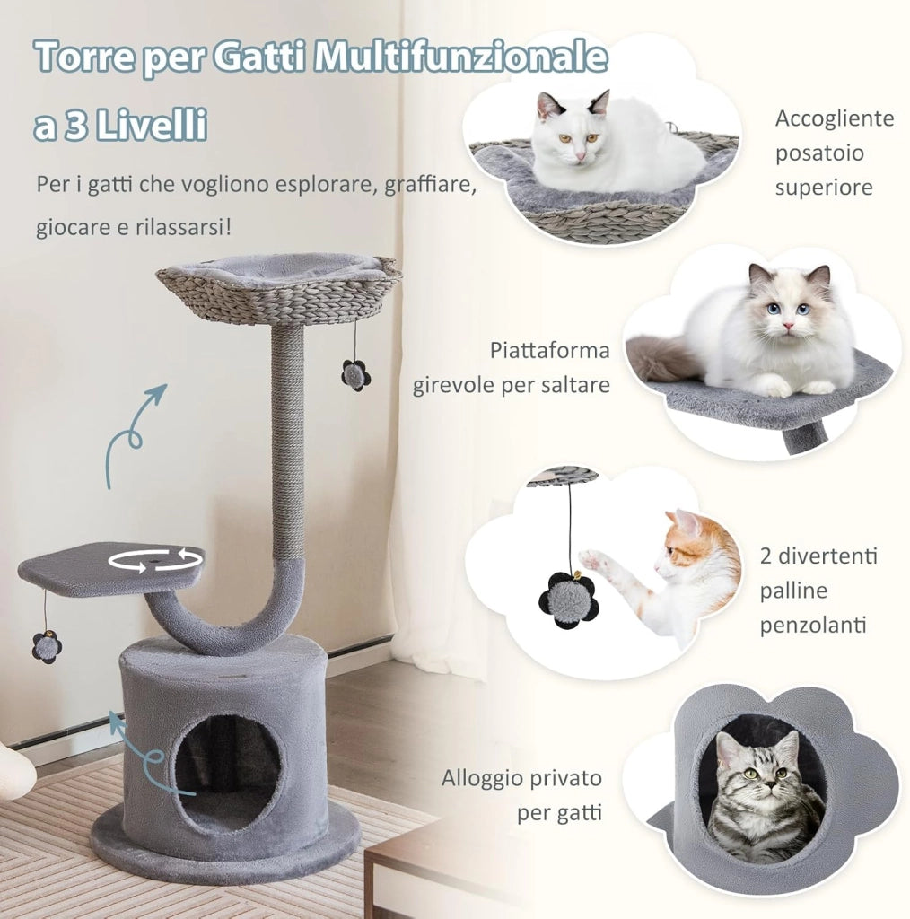 Albero per Gatti da Interno, Albero Tiragraffi per Gatti 106 cm con Telaio Curvo in Metallo, Torre per Gatti Multifunzionale a 3 Livelli con Palline