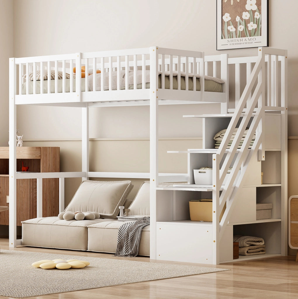 Letto a soppalco 90x200 in legno di pino con scala contenitore e tavolo incluso