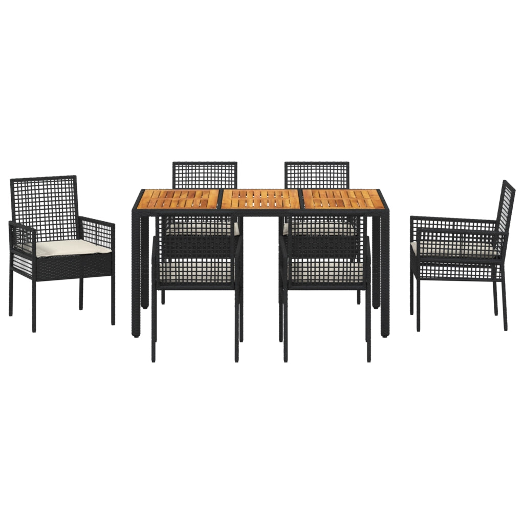 Set da pranzo da giardino 7 pezzi con cuscini neri in polyrattan