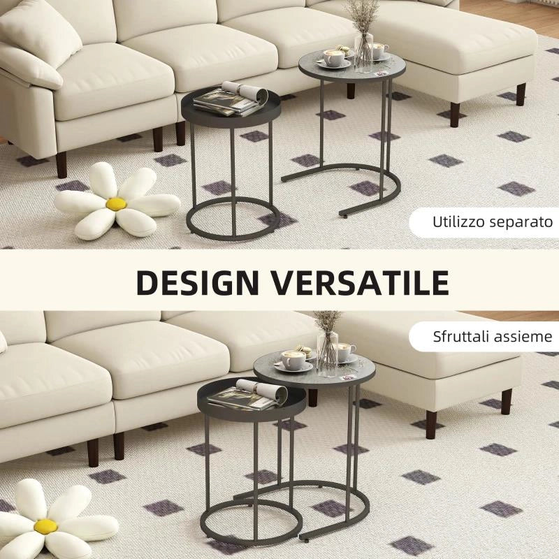 SET 2 TAVOLINI DA SALOTTO IMPILABILI IN STILE INDUSTRIALE, IN LEGNO E METALLO, Ï42X54 CM E Ï36.5X48.5 CM, GRIGIO E NERO