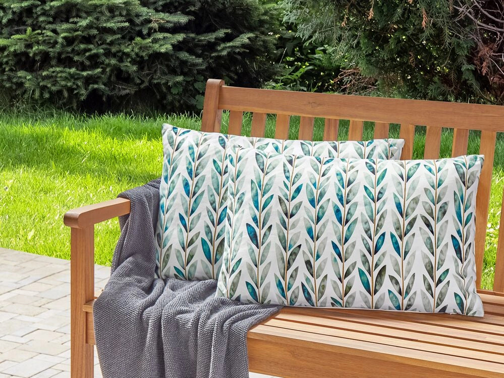 Set di 2 cuscini da giardino in poliestere bianco e verde 40 x 60 cm Motivo a foglie quadrate Design moderno Cuscino decorativo