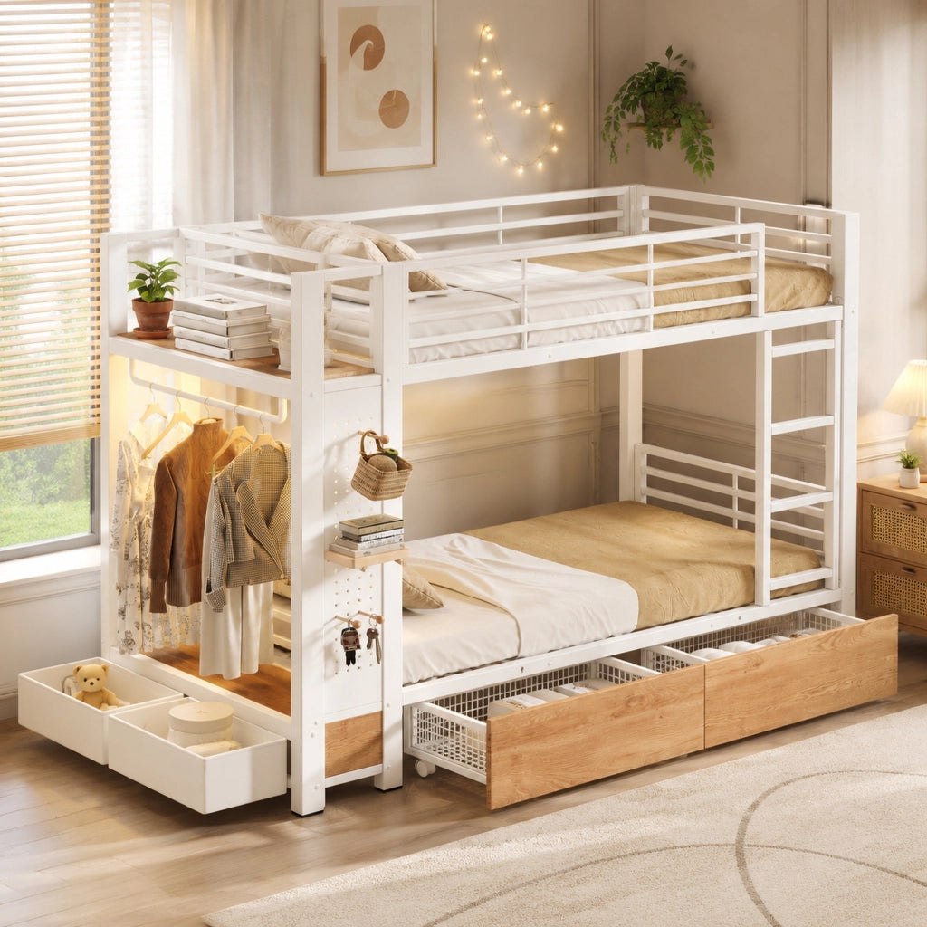 Letto a castello 90 × 200 cm con 2 cassetti, LED e appendiabiti, senza materasso, in MDF e metallo, bianco