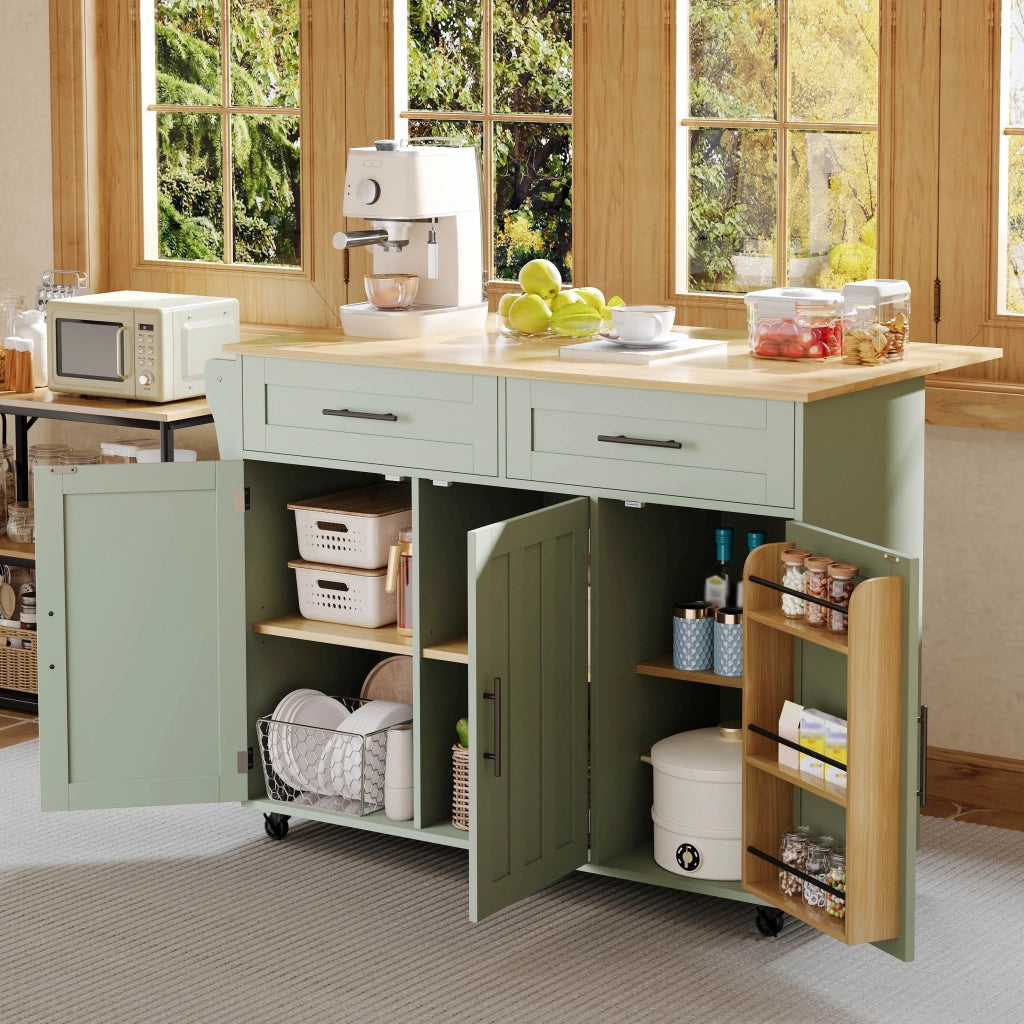 Carrello cucina con piano ribaltabile 129x71x91,5 cm verde antico, 2 cassetti, 3 vani, ruote e piedini