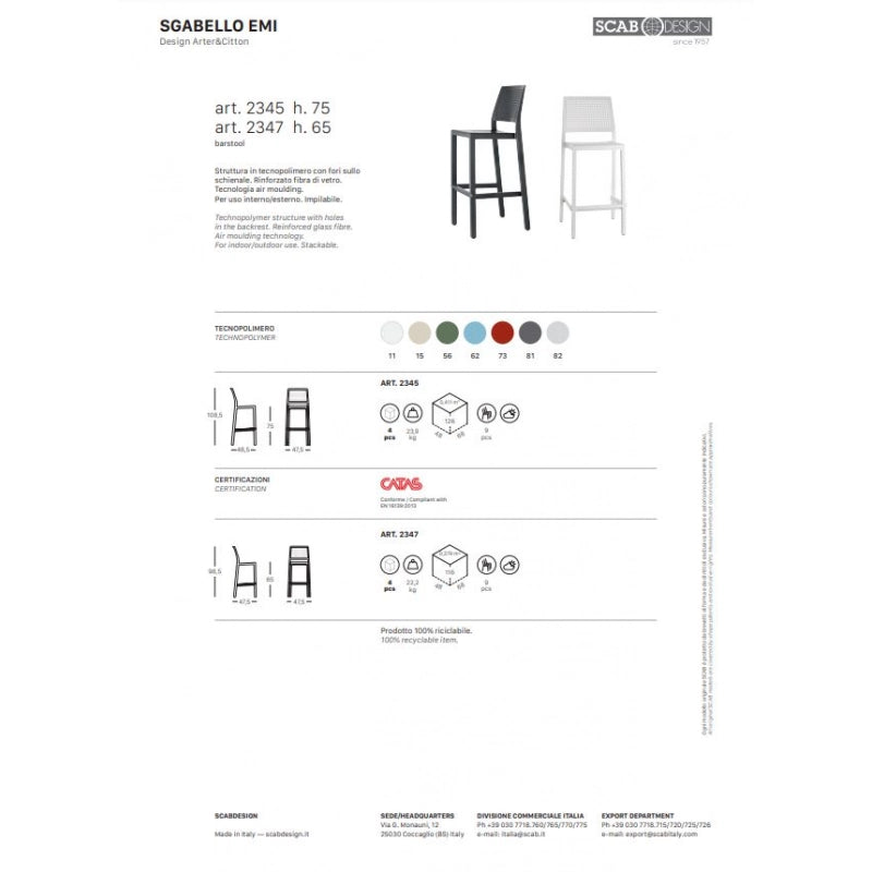 SET 4 SGABELLI EMI TECNOPOLIMERO HT 65CM MADE IN ITALY SCAB DESIGN - Tortora 15