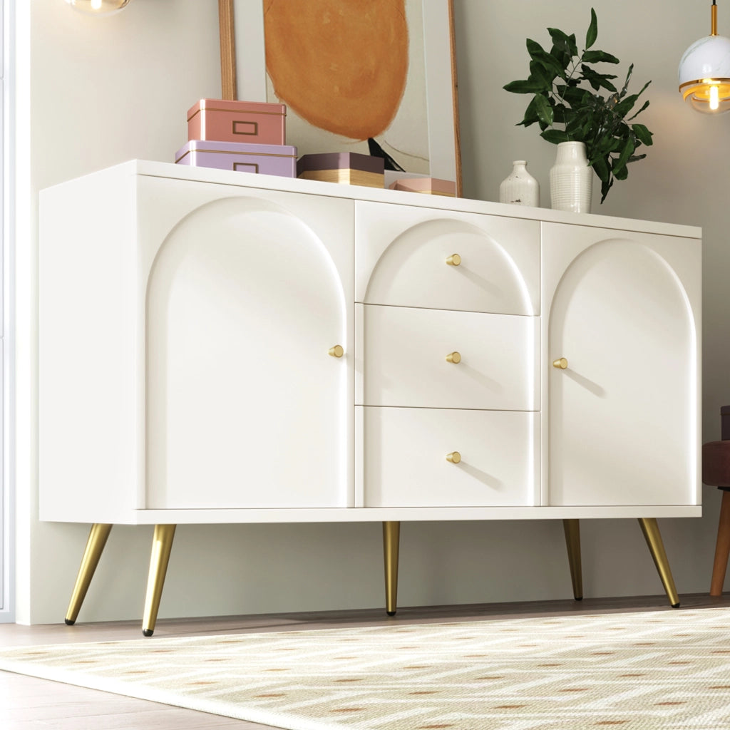 Cassettiera con 2 ante e 3 cassetti, colore crema bianco, con ripiano regolabile, H84/B140/T40 cm