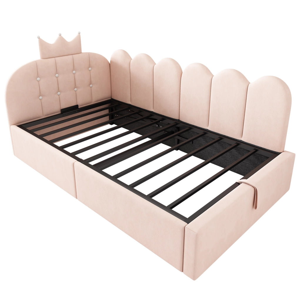 Letto a giorno 90x190 cm con contenitore; velluto rosa; lato reversibile