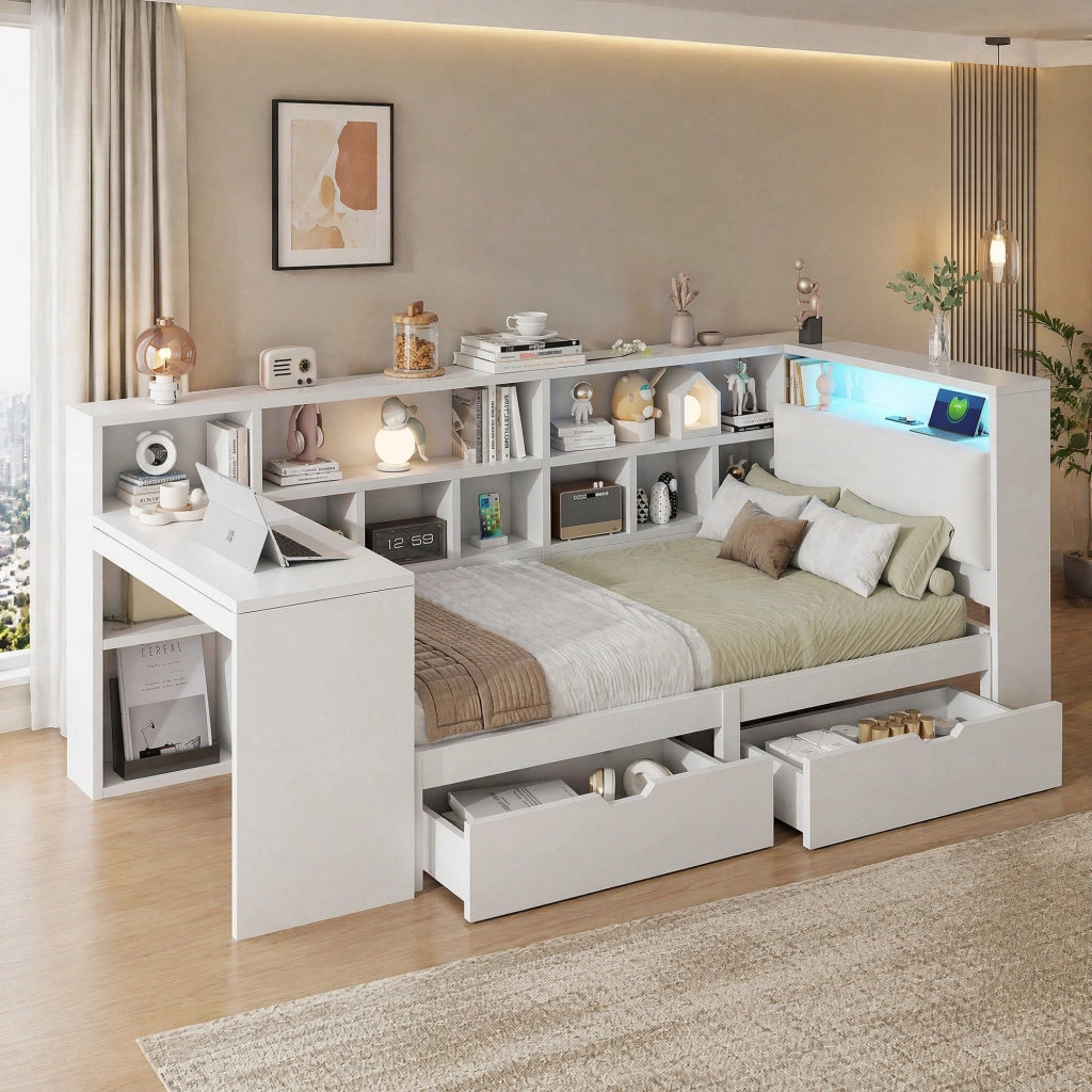 Letto singolo 90x200 con scrivania, libreria, LED e USB