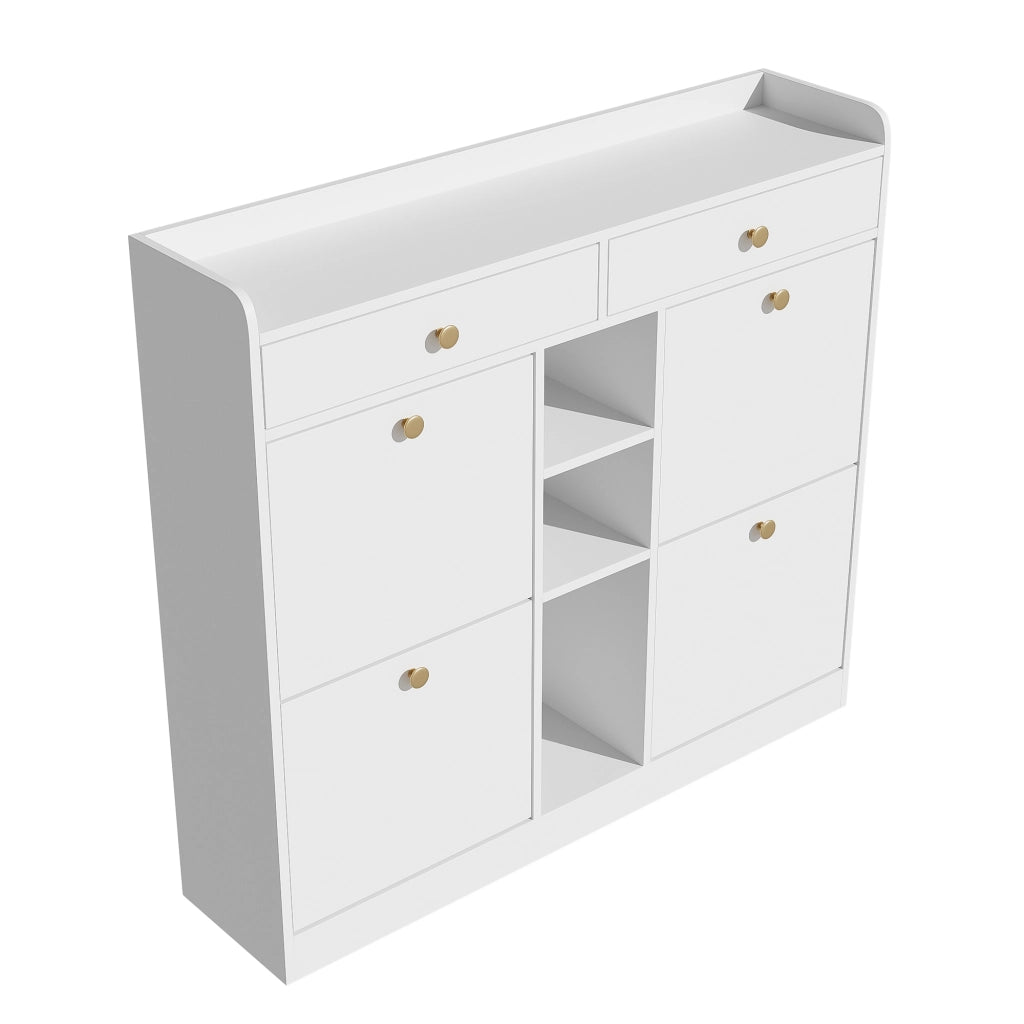 Scarpiera con 4 ante a ribalta, 2 cassetti e 3 vani aperti in legno bianco per ingresso 110 × 26 × 100 cm