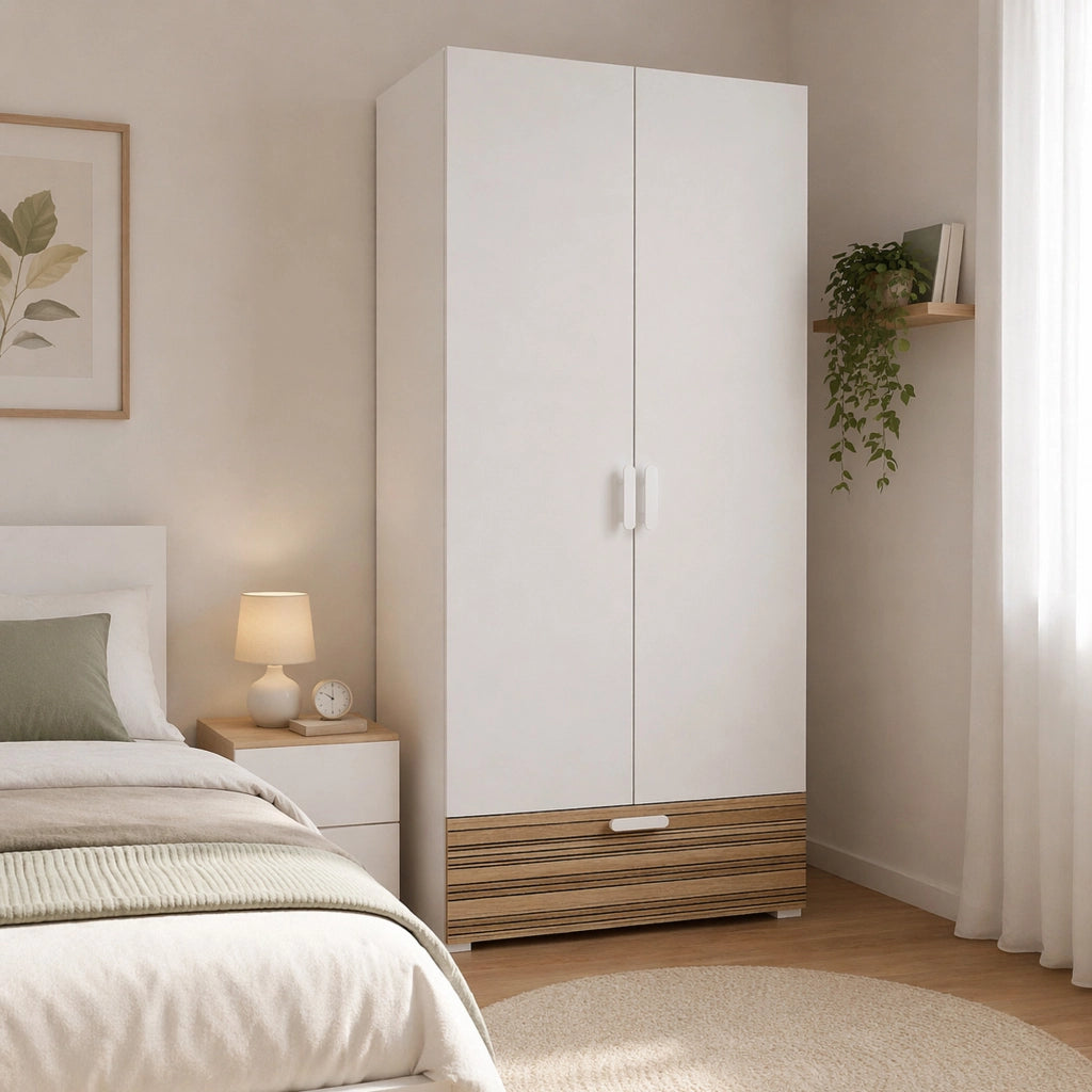 Armadio Camera da Letto Centaurea, Guardaroba 2 Ante Appendiabiti Made in Italy, 52.00x180.00h cm Bianco Rovere Rigato