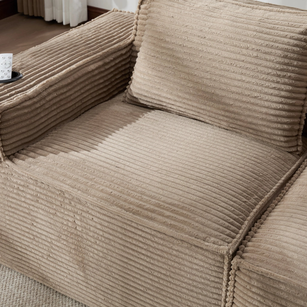 Divano Modulare 2 Posti con Portabicchieri e Tasche Laterali, Seduta con Molle, in Velluto a Coste Cachi 188 × 90 × 75 cm