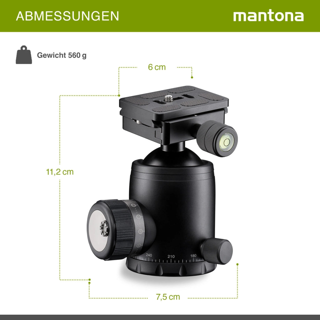 Mantona Fortress Testa a sfera per stativi treppiedi fotografici, 46 mm max 25 kg, con funzione panoramica 360° e 3 livelle, incl piastra sgancio rapido, per fotocamera accessori fotografia