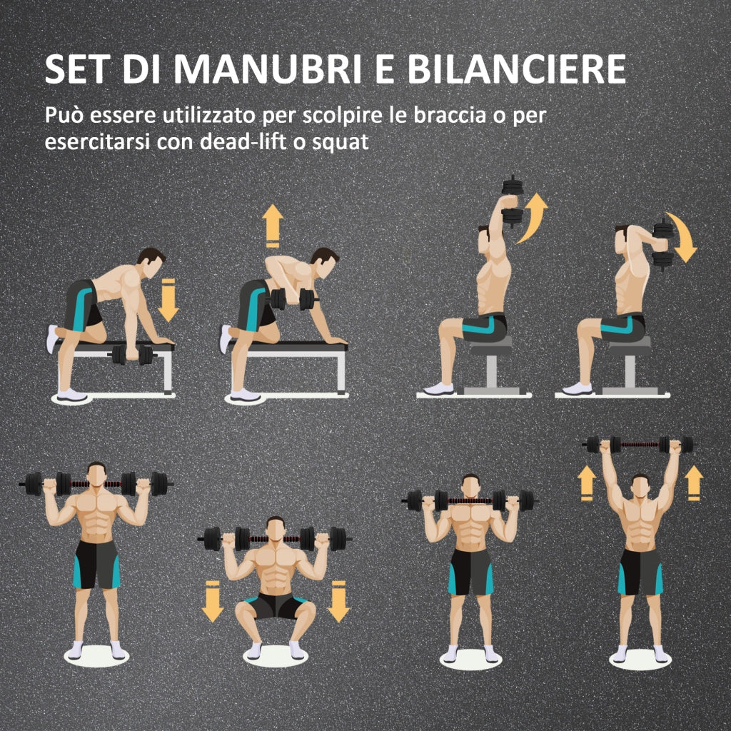 Set 2 Manubri Antiscivolo con 12 Dischi Pesi da 20 kg totali e Connettore. in Acciaio. HDPE e Sabbia. Nero