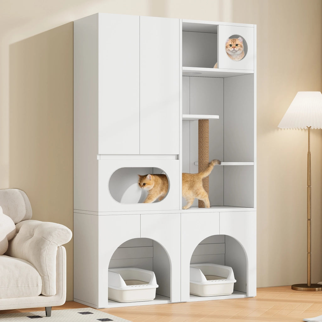 Mobile coperto per lettiera per gatti con tiragraffi e ripiani, per gatti e cani, in MDF, bianco, 140 × 45 × 195 cm