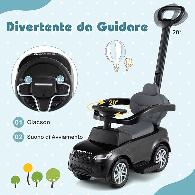 3 in 1 Auto a Spinta, Macchinina a Pedale con Manico Removibile e Paracolpi, Clacson e Suodo di Avvio, Macchina Cavalcabile per Bambini 18-36 Mesi (Nero)