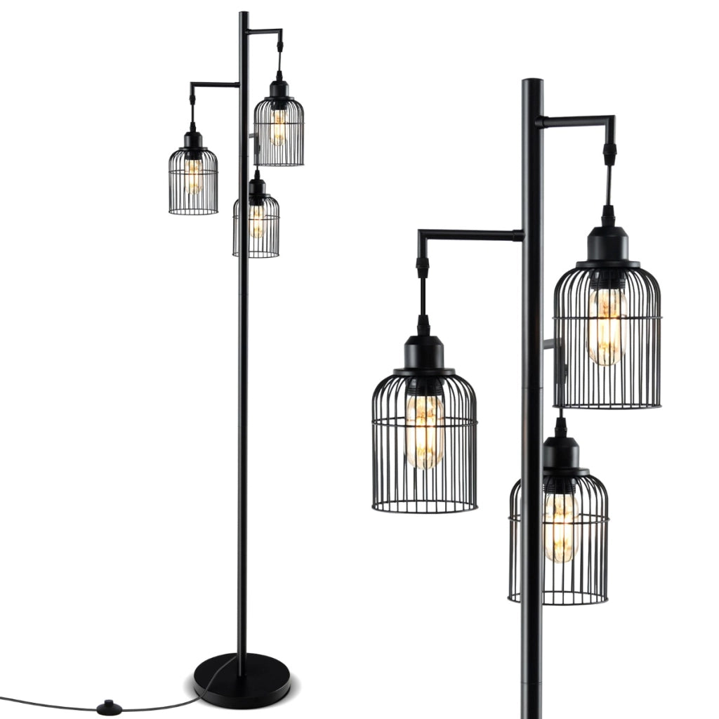 Lampada da terra moderna di 169 cm con 3 paralumi a gabbia interruttore a pedale, Lampada da terra industriale Nero-Lampade