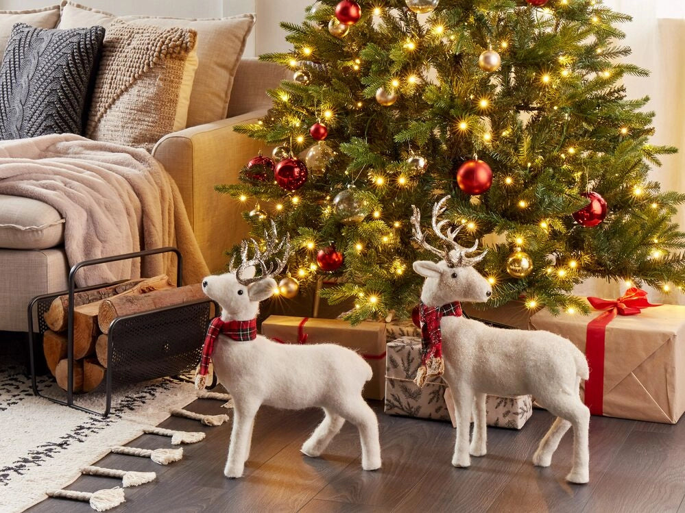Figura decorativa renna ecopelle bianco argento rosso verde 48 cm natale soggiorno