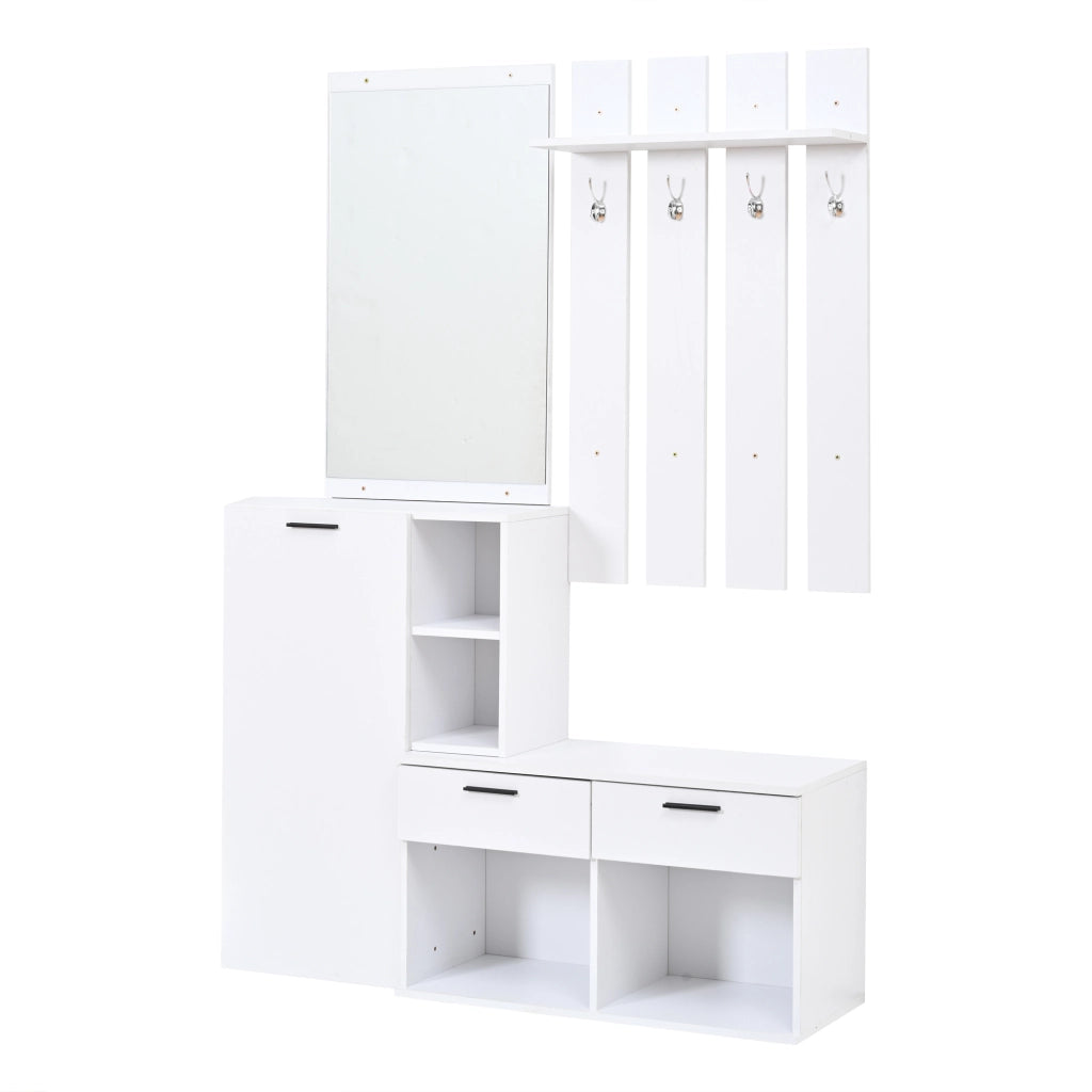 Garderoba da ingresso bianca con specchio, scarpiera, 2 cassetti e 4 ganci, 120x35x175,5 cm