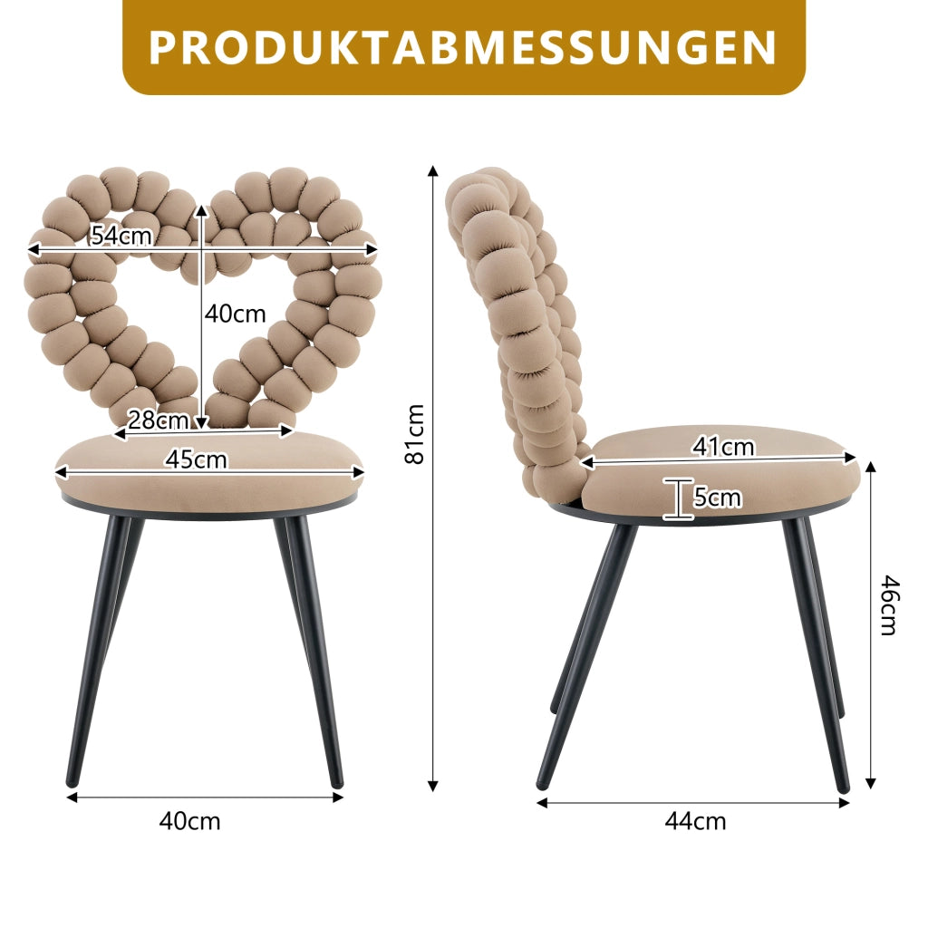 Chaise da pranzo in velluto set da 2 con schienale a cuori e gambe in metallo nero per sala da pranzo camel