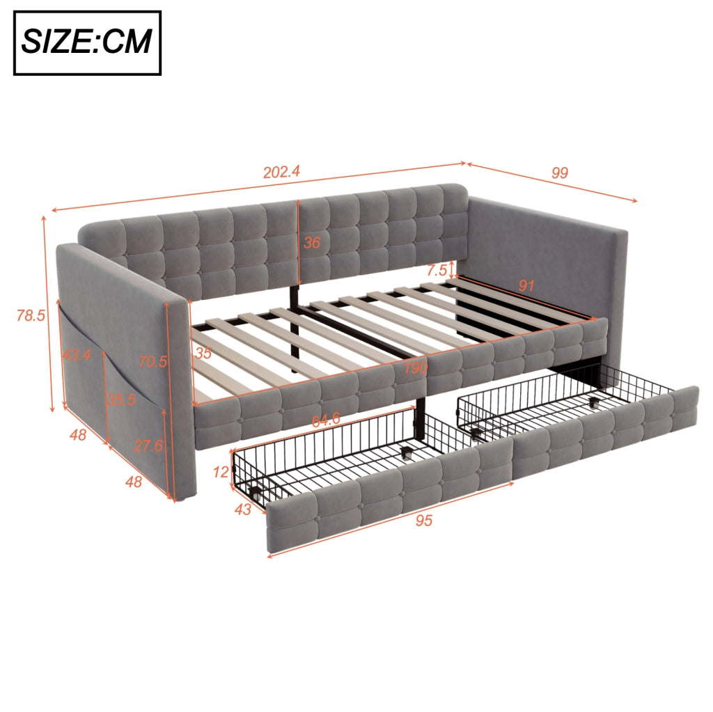 LETTO Imbottito 90x190 cm Grigio in velluto con 2 cassetti e tasche laterali
