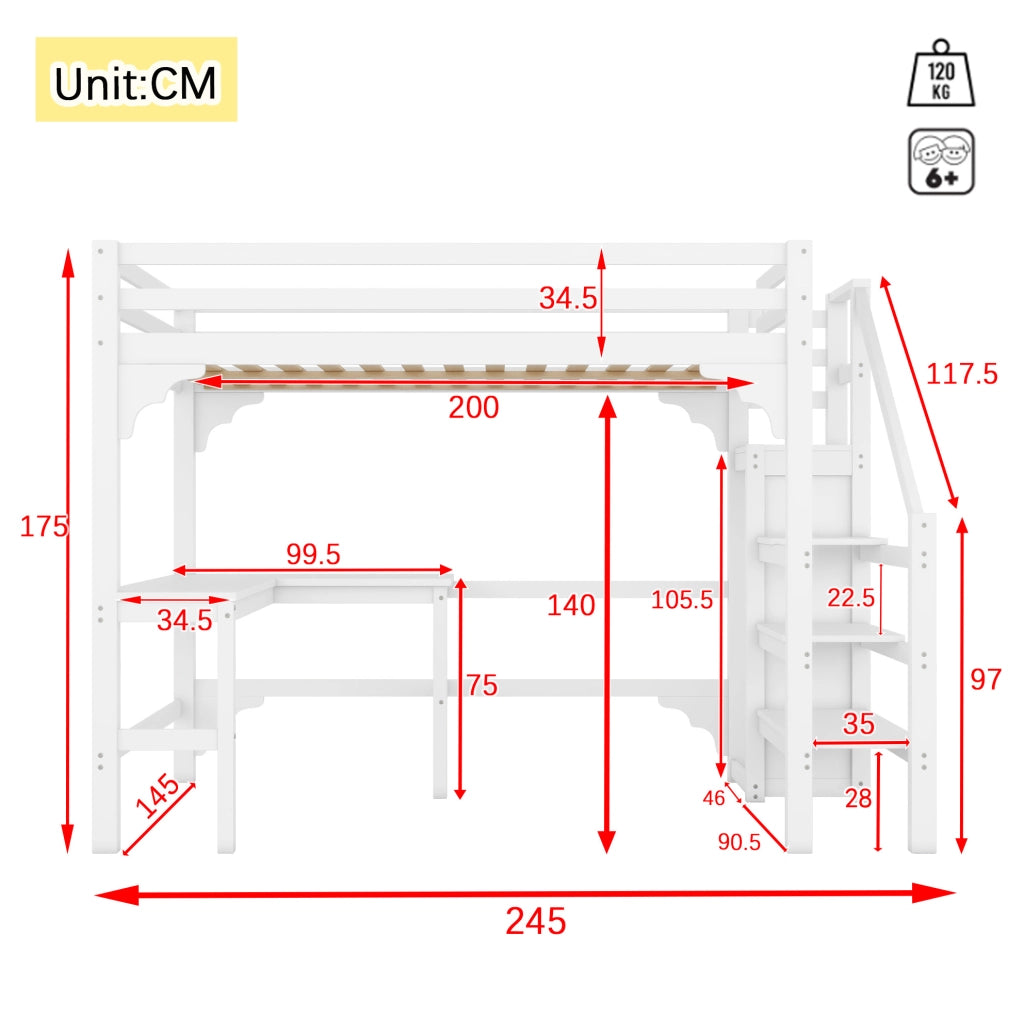 Letto a soppalco 140x200 cm con scrivania ad L e guardaroba aperto in pino bianco