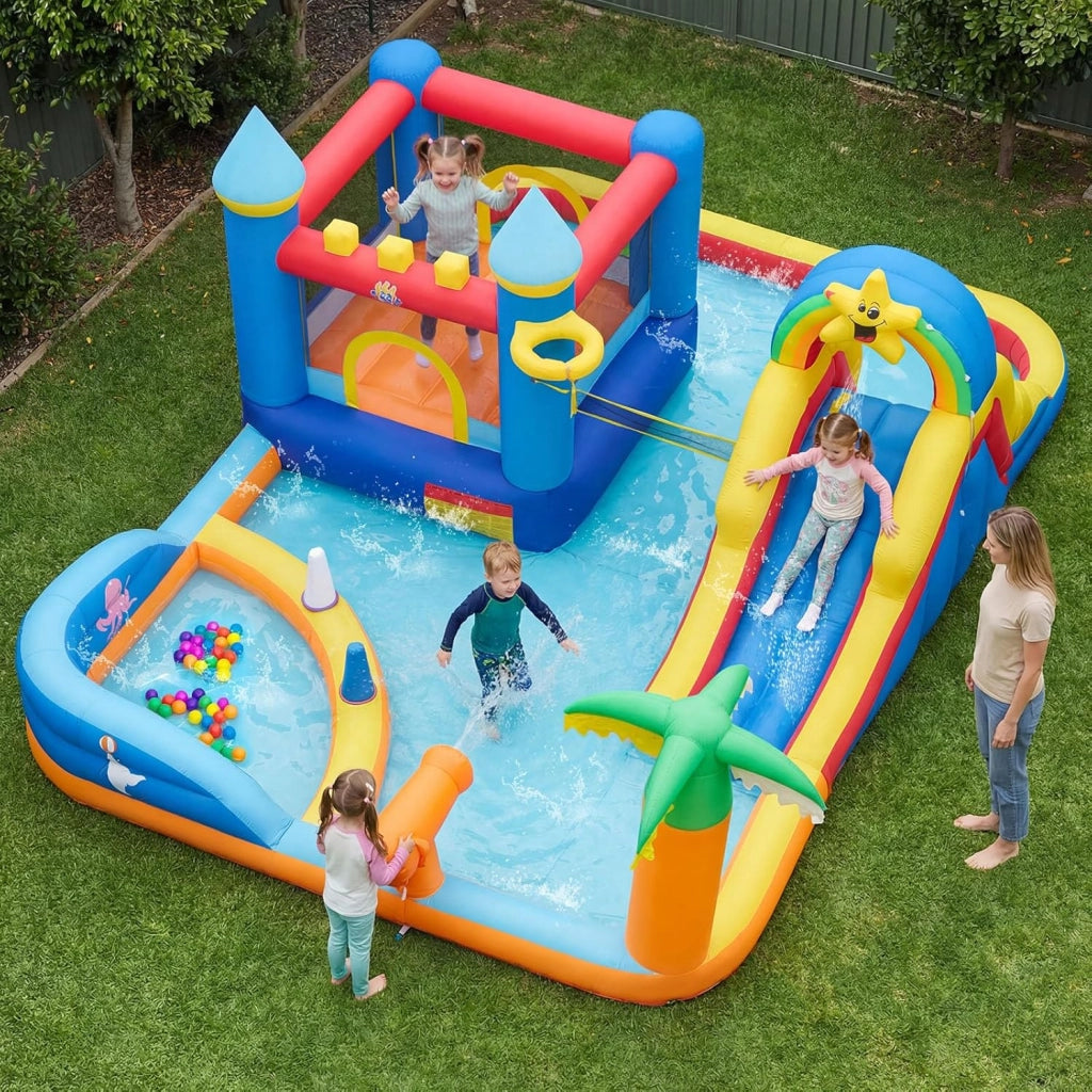 Castello Gonfiabile per Bambini, Grande Parco Acquatico per Bambini con Piscina, Scivolo, Parete d'Arrampicata, Palline Oceaniche e Gioco degli Anelli, per Bambini 3-12 Anni
