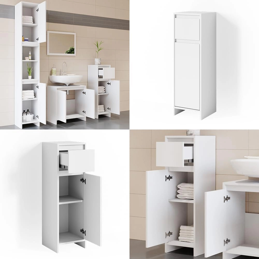 Mobiletto bagno Emma, Bianco, 30 x 95 cm, combinabile con la serie Emma per l'organizzazione in bagno