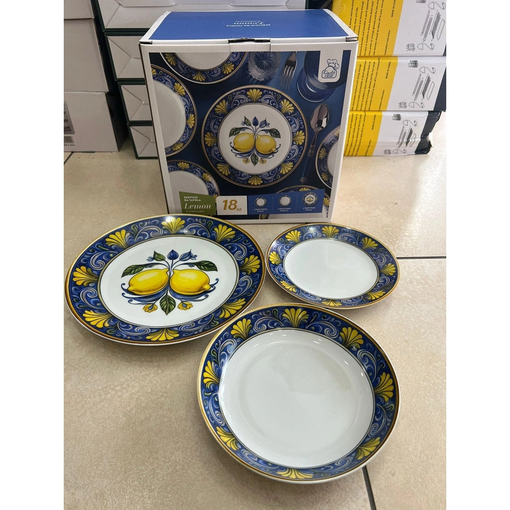 Trade Shop - Set Servizio Di Piatti In Porcellana 18 Pz Decorazione A Limoni Con Maiolica Da Tavola -