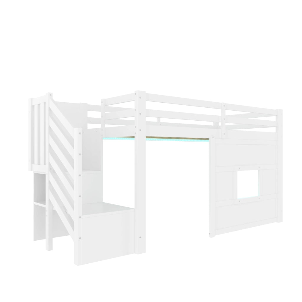 Letto a castello bianco con funzione contenitore scala e finestra in mdf pino compensato 90x200 cm