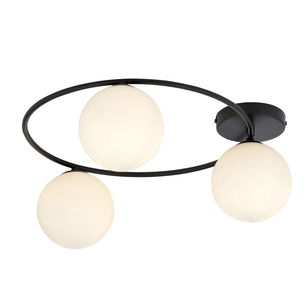 Plafoniera Minimal 3 Luci Perseo In Acciaio Nero E Sfere In Vetro Bianco